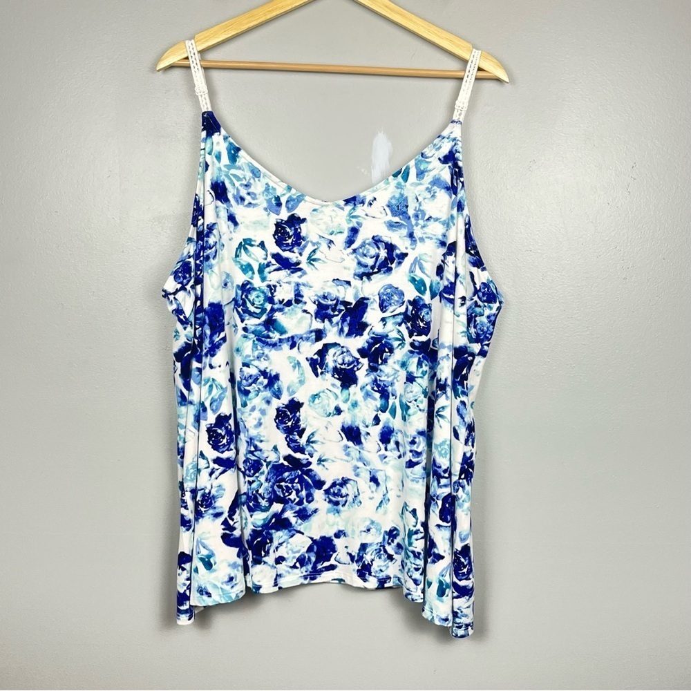 NWT Torrid blue floral jersey knit adjustable crochet strap cami tank top, 4X.